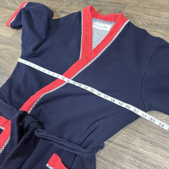 Vintage CHRISTIAN DIOR Blue Red Fleece Bath Robe Lounging Tie Belt Mens L - Picture 7 of 14